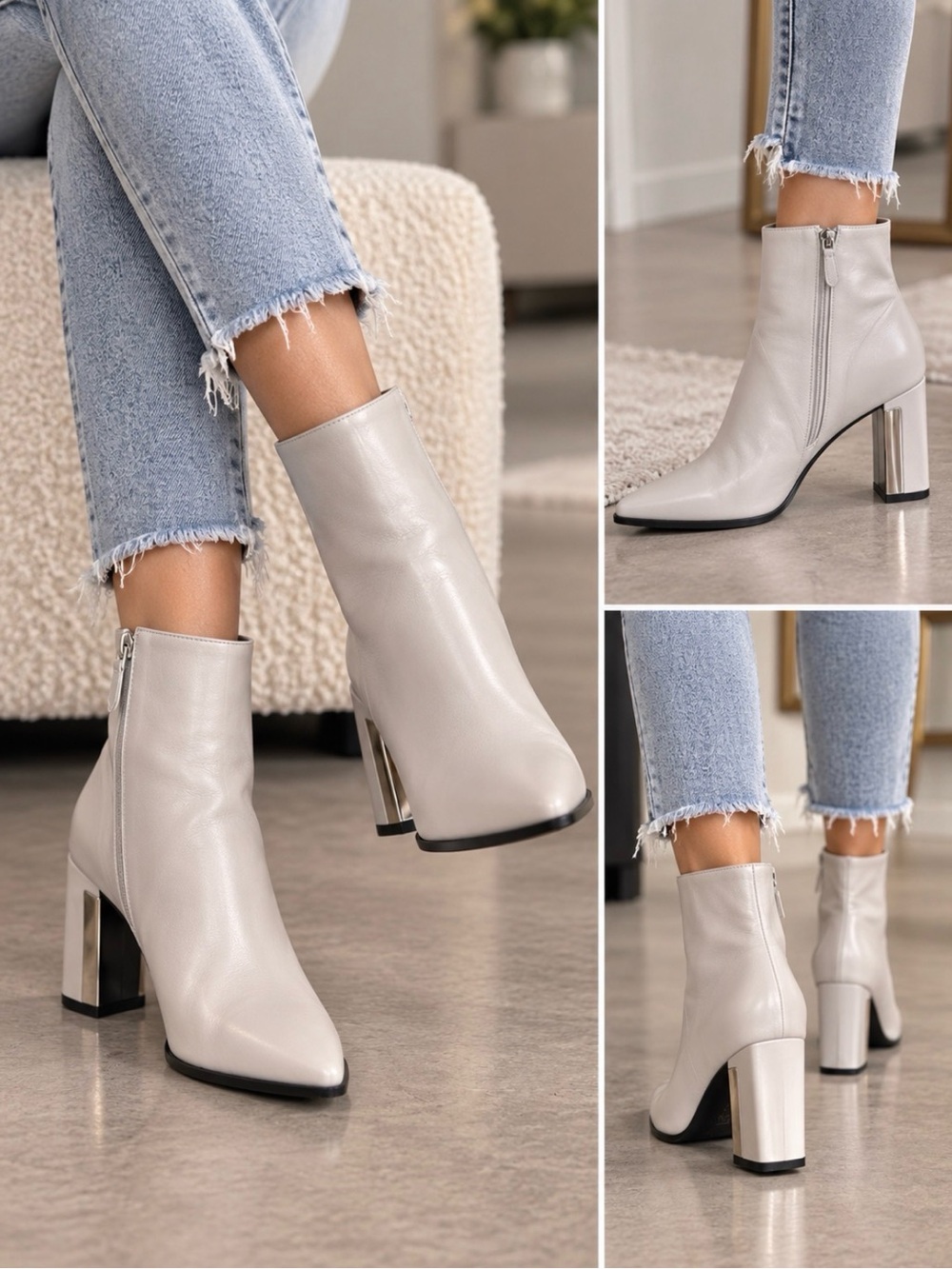 L Paolo Light Grey Leather Pointed Toe Ankle ValBoot Metallic Block Heel 5.5 NIB